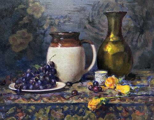 Grapes with Brass Vase by Delbert Gish